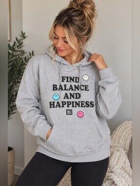 SmileyWorld Find Balance & Happiness Gray Graphic Hoodie Size M